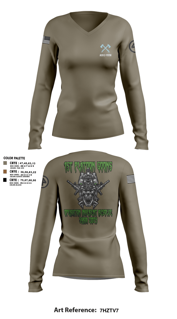 Women's Long Sleeve Vneck Shirt, A-CO 2-113th Infantry, Army, Teamtime, Team time, sublimation, custom sports apparel, team uniforms, spirit wear, spiritwear, sports uniforms, custom shirts, team store, custom team store, fundraiser sports, apparel fundraiser