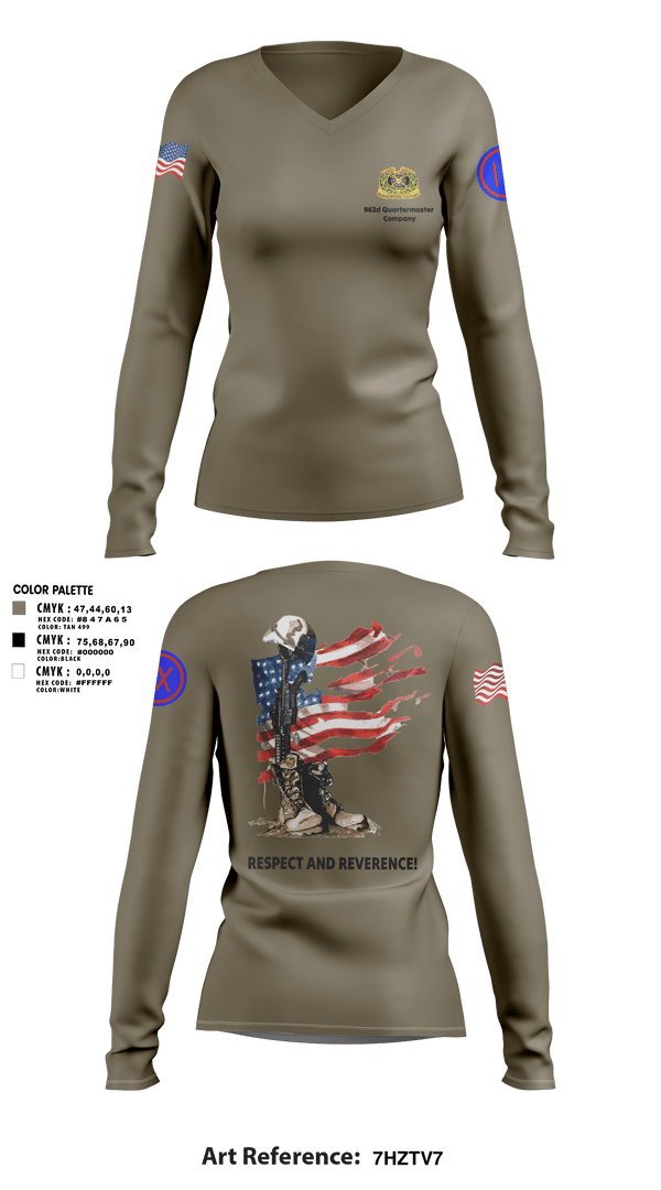 Women's Long Sleeve Vneck Shirt, 962D QUARTERMASTER COMPANY (MORTUARY AFFAIRS), Army, Teamtime, Team time, sublimation, custom sports apparel, team uniforms, spirit wear, spiritwear, sports uniforms, custom shirts, team store, custom team store, fundraiser sports, apparel fundraiser