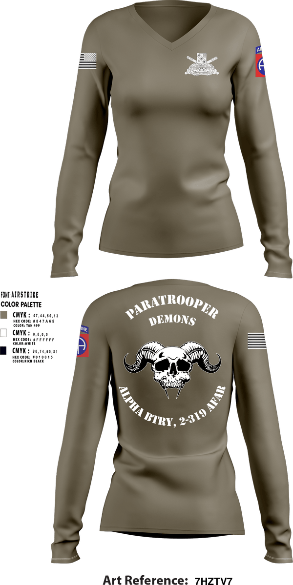 Women's Long Sleeve Vneck Shirt, ALPHA BTRY, 2-319th AFAR, Army, Teamtime, Team time, sublimation, custom sports apparel, team uniforms, spirit wear, spiritwear, sports uniforms, custom shirts, team store, custom team store, fundraiser sports, apparel fundraiser