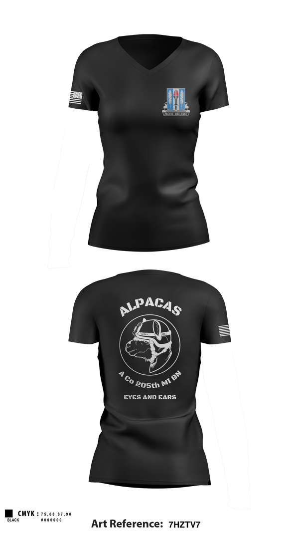 Women's Short Sleeve Vneck Shirt, Alpha Company 205th MI BN, Army, Teamtime, Team time, sublimation, custom sports apparel, team uniforms, spirit wear, spiritwear, sports uniforms, custom shirts, team store, custom team store, fundraiser sports, apparel fundraiser
