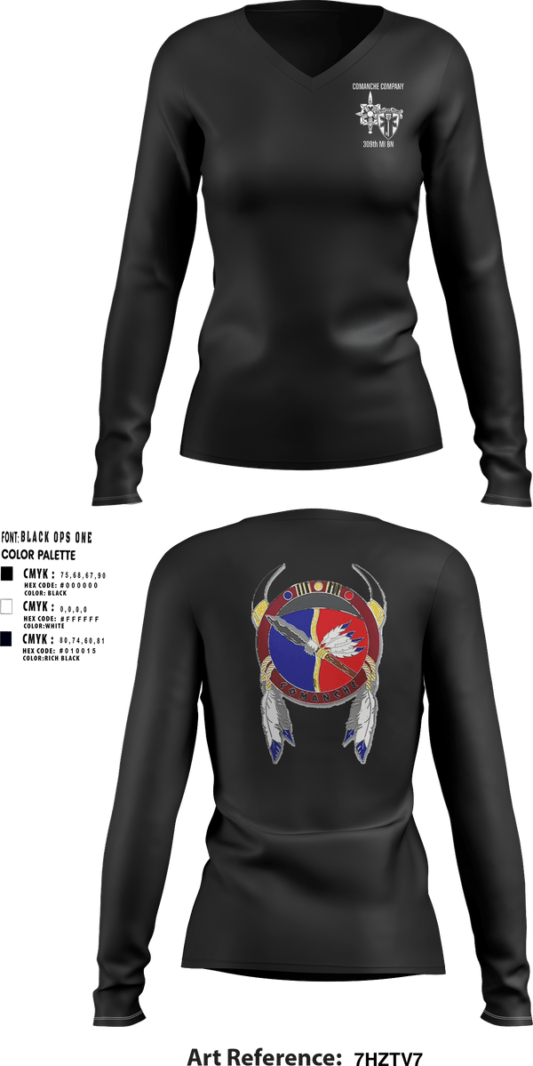Women's Long Sleeve Vneck Shirt, Comanche, 309th MI BN, , Teamtime, Team time, sublimation, custom sports apparel, team uniforms, spirit wear, spiritwear, sports uniforms, custom shirts, team store, custom team store, fundraiser sports, apparel fundraiser