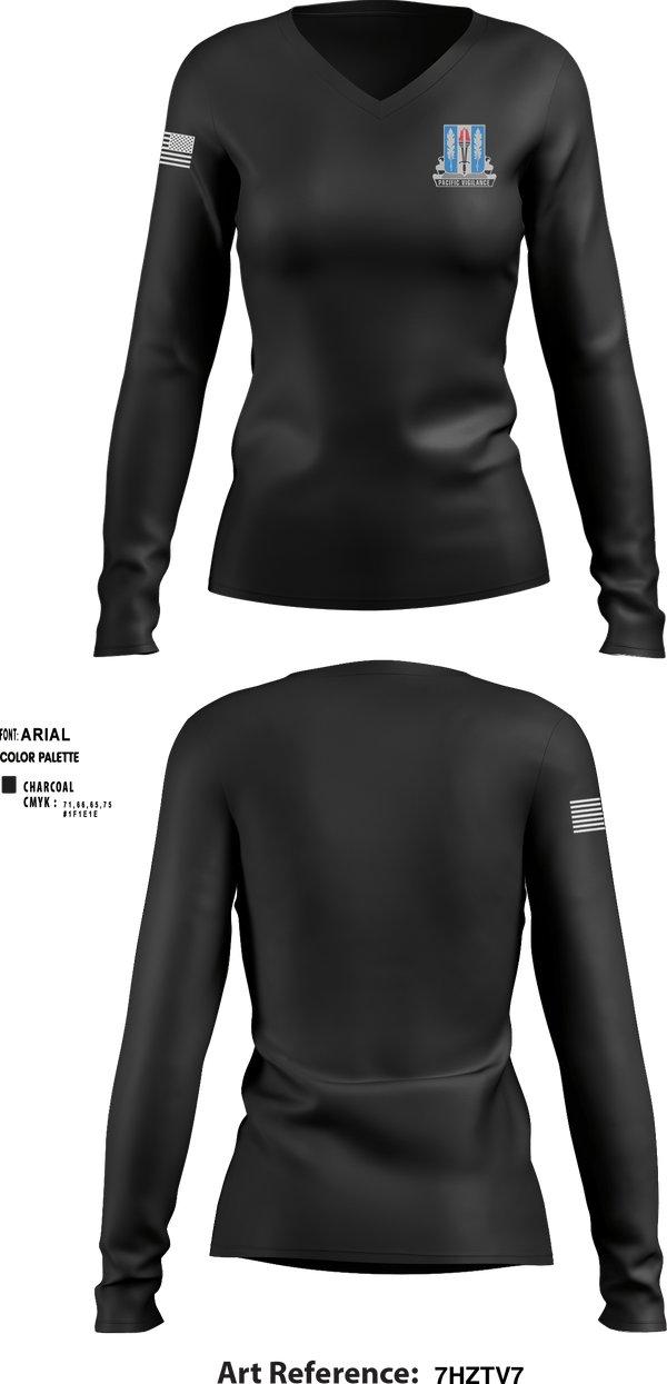 Women's Long Sleeve Vneck Shirt, Full FoarceHHD, 205th MI BN, Spirit Store, Teamtime, Team time, sublimation, custom sports apparel, team uniforms, spirit wear, spiritwear, sports uniforms, custom shirts, team store, custom team store, fundraiser sports, apparel fundraiser