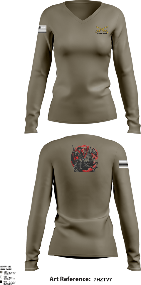 Women's Long Sleeve Vneck Shirt, Outlaw troop, Army, Teamtime, Team time, sublimation, custom sports apparel, team uniforms, spirit wear, spiritwear, sports uniforms, custom shirts, team store, custom team store, fundraiser sports, apparel fundraiser
