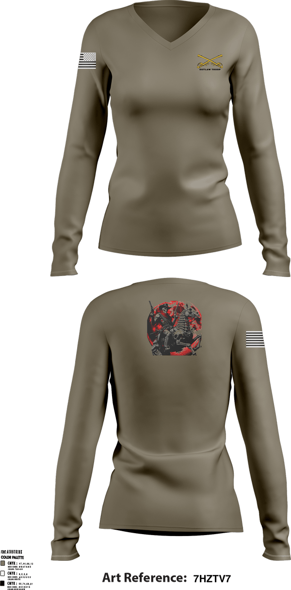 Women's Long Sleeve Vneck Shirt, Outlaw troop, Army, Teamtime, Team time, sublimation, custom sports apparel, team uniforms, spirit wear, spiritwear, sports uniforms, custom shirts, team store, custom team store, fundraiser sports, apparel fundraiser