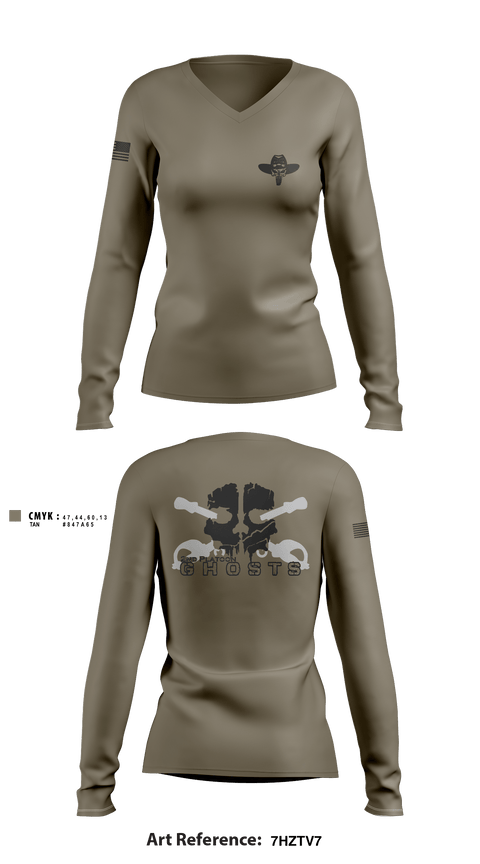 Women's Long Sleeve Vneck Shirt, GHOSTS, Army, Teamtime, Team time, sublimation, custom sports apparel, team uniforms, spirit wear, spiritwear, sports uniforms, custom shirts, team store, custom team store, fundraiser sports, apparel fundraiser