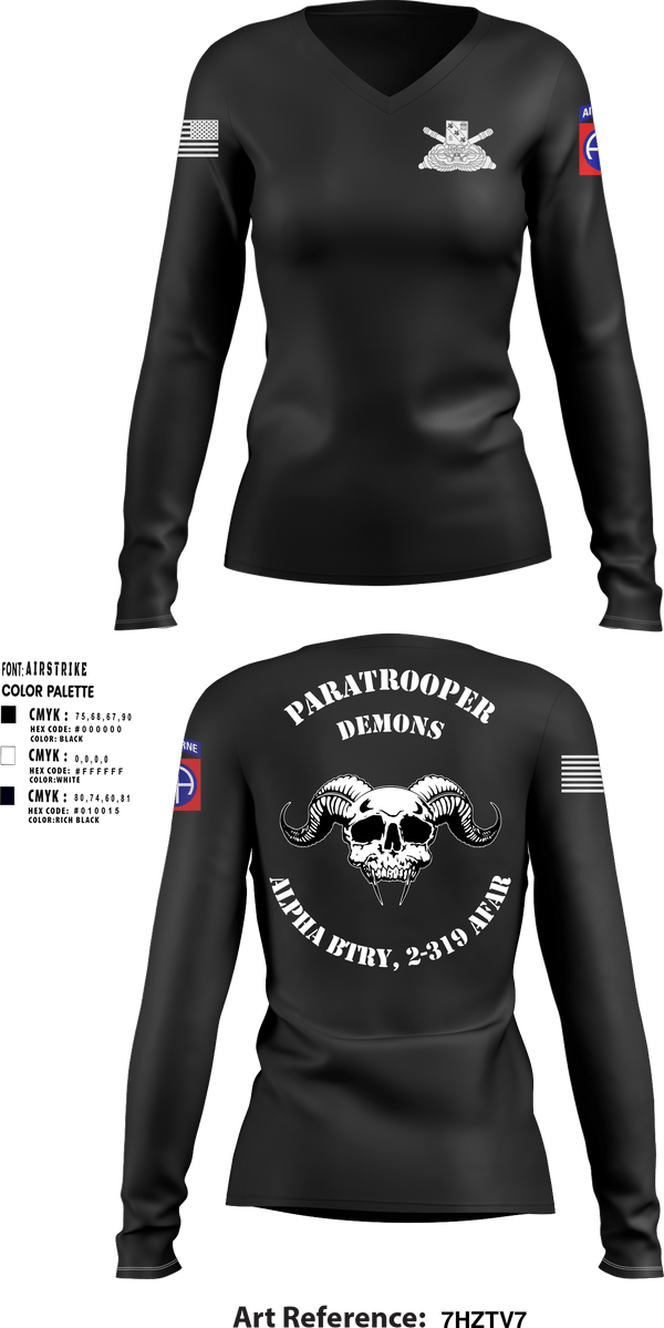 Women's Long Sleeve Vneck Shirt, ALPHA BTRY, 2-319th AFAR, Army, Teamtime, Team time, sublimation, custom sports apparel, team uniforms, spirit wear, spiritwear, sports uniforms, custom shirts, team store, custom team store, fundraiser sports, apparel fundraiser