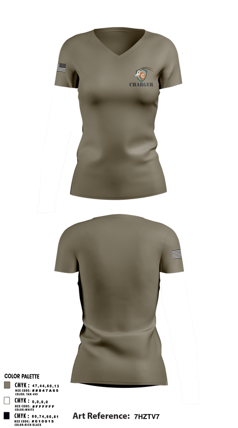Women's Short Sleeve Vneck Shirt, CHARGER, Army, Teamtime, Team time, sublimation, custom sports apparel, team uniforms, spirit wear, spiritwear, sports uniforms, custom shirts, team store, custom team store, fundraiser sports, apparel fundraiser
