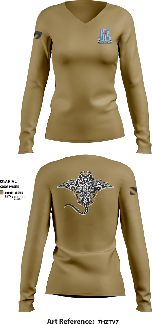 Women's Long Sleeve Vneck Shirt, Full FoarceHHD, 205th MI BN, Spirit Store, Teamtime, Team time, sublimation, custom sports apparel, team uniforms, spirit wear, spiritwear, sports uniforms, custom shirts, team store, custom team store, fundraiser sports, apparel fundraiser