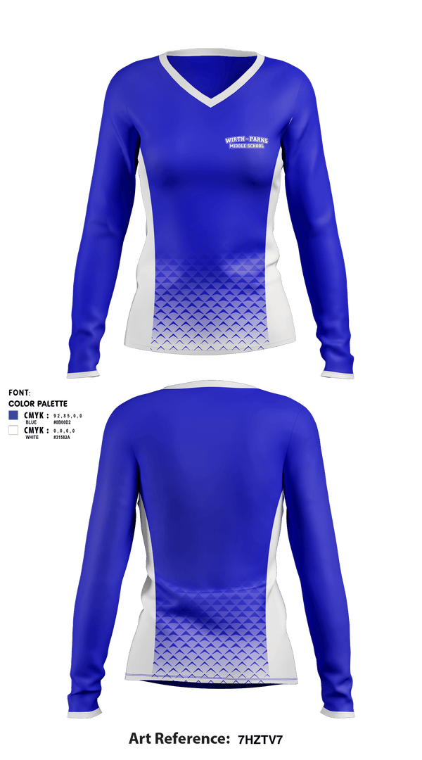 Women's Long Sleeve Vneck Shirt, Wirth/Parks Middle School, Spirit Store, Teamtime, Team time, sublimation, custom sports apparel, team uniforms, spirit wear, spiritwear, sports uniforms, custom shirts, team store, custom team store, fundraiser sports, apparel fundraiser