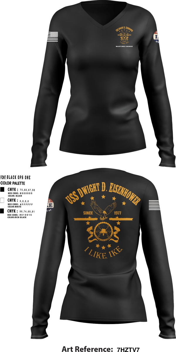 Women's Long Sleeve Vneck Shirt, USS Dwight Eisenhower CVN 69, Navy, Teamtime, Team time, sublimation, custom sports apparel, team uniforms, spirit wear, spiritwear, sports uniforms, custom shirts, team store, custom team store, fundraiser sports, apparel fundraiser