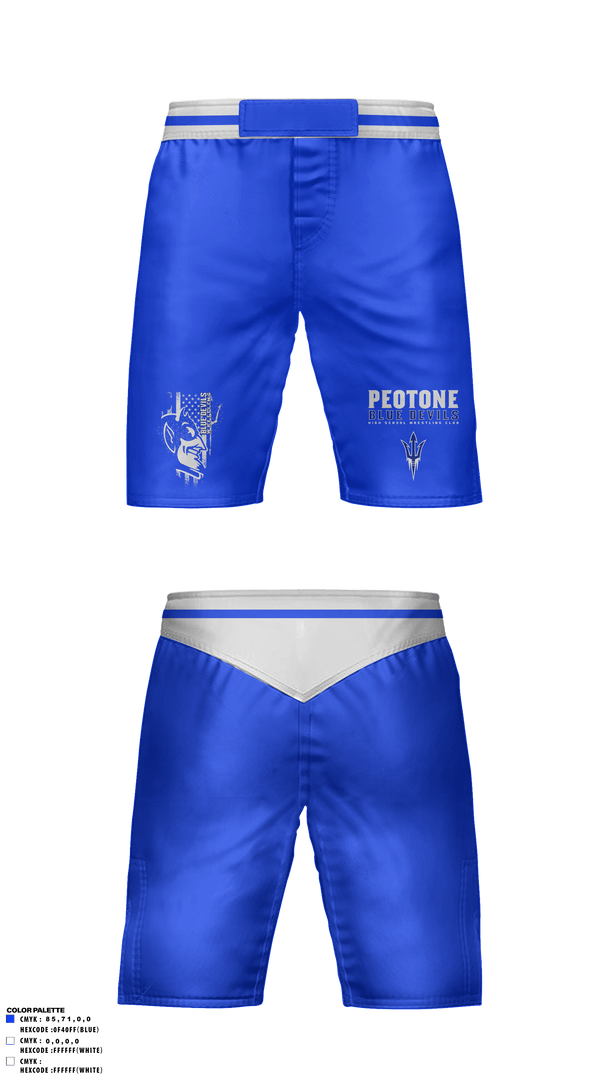 Fight Shorts, Peotone Blue Devils, Wrestling, Teamtime, Team time, sublimation, custom sports apparel, team uniforms, spirit wear, spiritwear, sports uniforms, custom shirts, team store, custom team store, fundraiser sports, apparel fundraiser