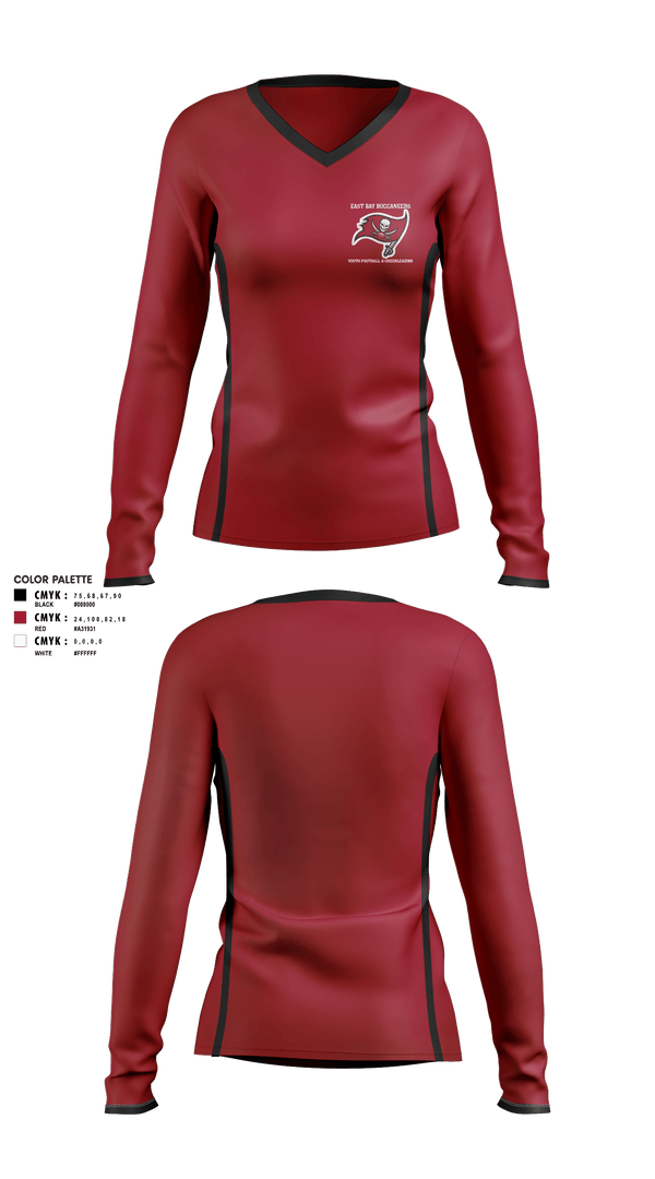 Women's Long Sleeve Vneck Shirt, East Bay Buccaneers Youth Football & Cheerleading, Football, Teamtime, Team time, sublimation, custom sports apparel, team uniforms, spirit wear, spiritwear, sports uniforms, custom shirts, team store, custom team store, fundraiser sports, apparel fundraiser