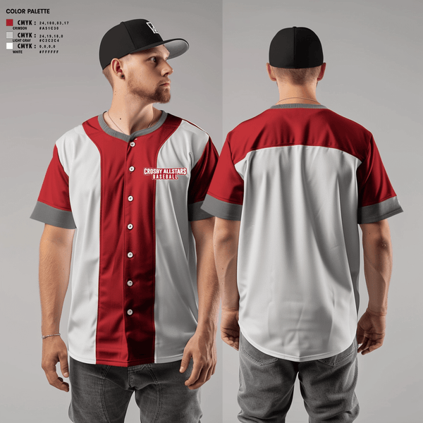 Full Button Baseball Jersey, Crosby Allstars, Baseball, Teamtime, Team time, sublimation, custom sports apparel, team uniforms, spirit wear, spiritwear, sports uniforms, custom shirts, team store, custom team store, fundraiser sports, apparel fundraiser