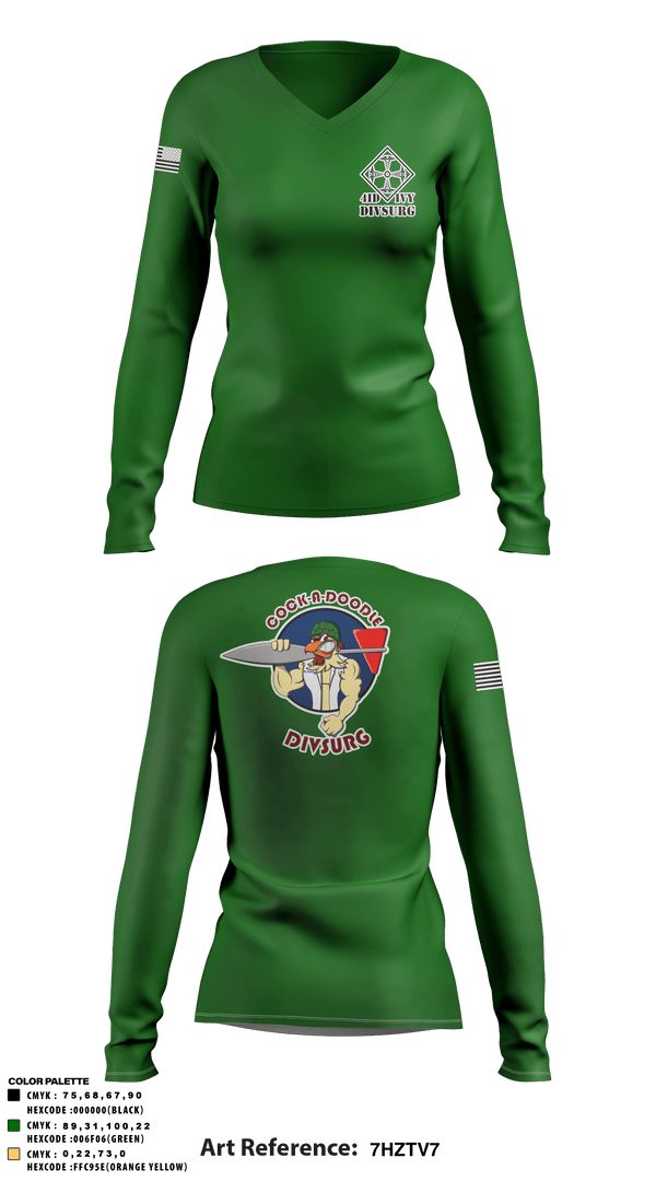 Women's Long Sleeve Vneck Shirt, DIVSURG, 4ID, Army, Teamtime, Team time, sublimation, custom sports apparel, team uniforms, spirit wear, spiritwear, sports uniforms, custom shirts, team store, custom team store, fundraiser sports, apparel fundraiser