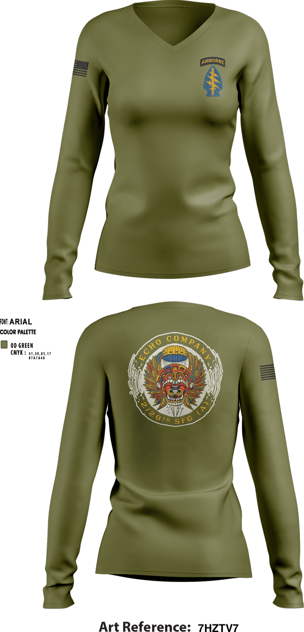 Women's Long Sleeve Vneck Shirt, ECHO 20th SFG, National Guard, Teamtime, Team time, sublimation, custom sports apparel, team uniforms, spirit wear, spiritwear, sports uniforms, custom shirts, team store, custom team store, fundraiser sports, apparel fundraiser