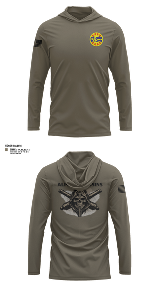 Long Sleeve Performance Shirt with hood, 1-148 FA A Btry, National Guard, Teamtime, Team time, sublimation, custom sports apparel, team uniforms, spirit wear, spiritwear, sports uniforms, custom shirts, team store, custom team store, fundraiser sports, apparel fundraiser