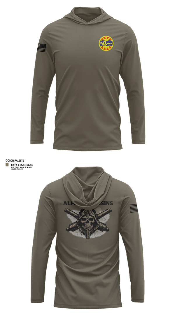 Long Sleeve Performance Shirt with hood, 1-148 FA A Btry, National Guard, Teamtime, Team time, sublimation, custom sports apparel, team uniforms, spirit wear, spiritwear, sports uniforms, custom shirts, team store, custom team store, fundraiser sports, apparel fundraiser