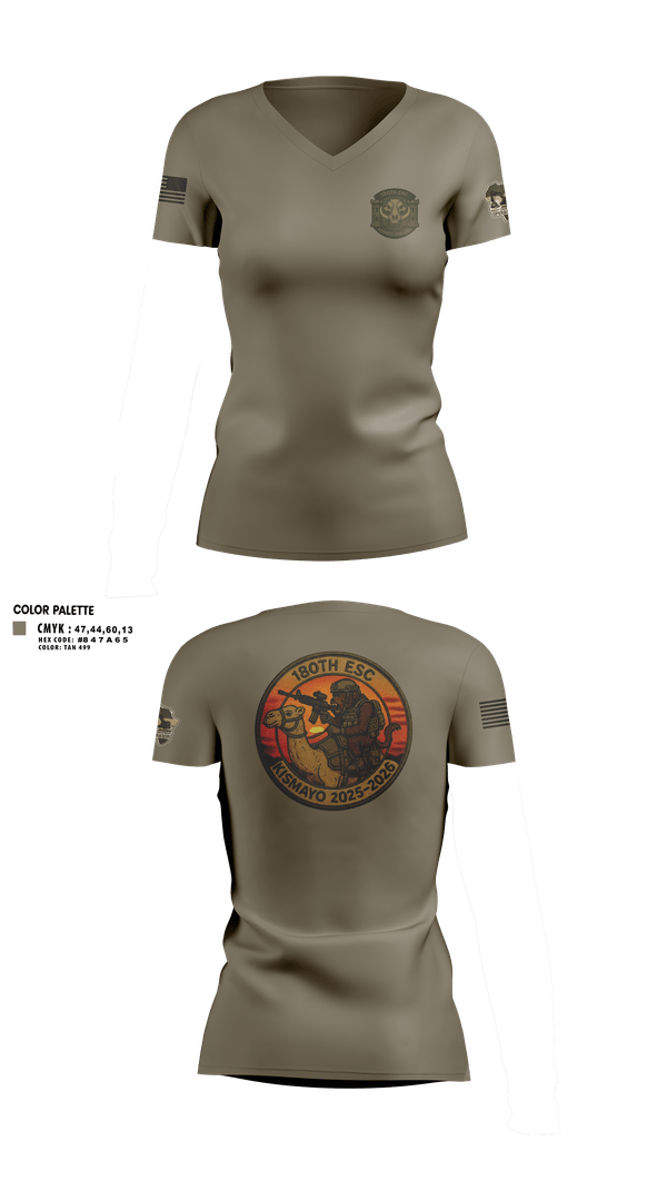 Womens Short Sleeve Vneck Shirt, 180th ESC Kismayo, Army, Teamtime, Team time, sublimation, custom sports apparel, team uniforms, spirit wear, spiritwear, sports uniforms, custom shirts, team store, custom team store, fundraiser sports, apparel fundraiser
