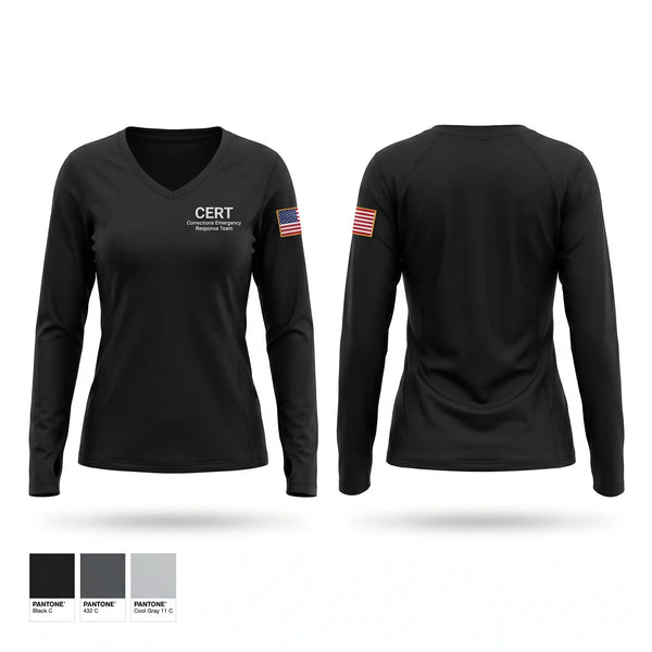 Womens Long Sleeve Vneck Shirt, CERT: Corrections Emergency Response Team, Police, Teamtime, Team time, sublimation, custom sports apparel, team uniforms, spirit wear, spiritwear, sports uniforms, custom shirts, team store, custom team store, fundraiser sports, apparel fundraiser