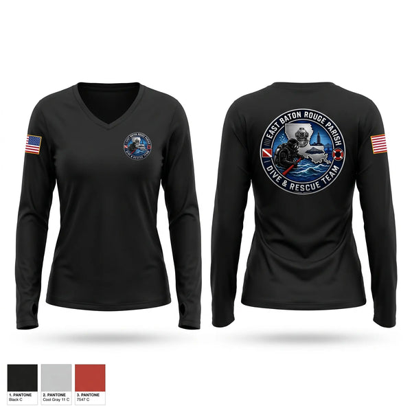 Womens Long Sleeve Vneck Shirt, East Baton Rouge Parish Dive & Rescue Team, Fire Department, Teamtime, Team time, sublimation, custom sports apparel, team uniforms, spirit wear, spiritwear, sports uniforms, custom shirts, team store, custom team store, fundraiser sports, apparel fundraiser