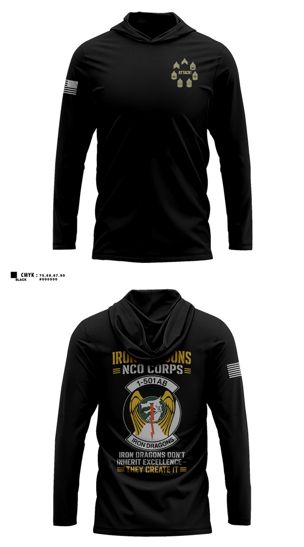 Long Sleeve hooded sunshirt, 1-501st Iron Dragons NCO Corps, Army, Teamtime, Team time, sublimation, custom sports apparel, team uniforms, spirit wear, spiritwear, sports uniforms, custom shirts, team store, custom team store, fundraiser sports, apparel fundraiser