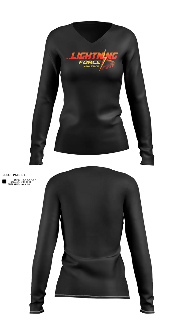 Womens Long Sleeve Vneck Shirt, Lightning Force Athletics, Track & Field, Teamtime, Team time, sublimation, custom sports apparel, team uniforms, spirit wear, spiritwear, sports uniforms, custom shirts, team store, custom team store, fundraiser sports, apparel fundraiser