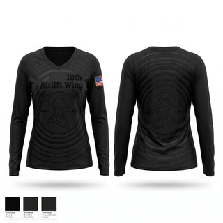 Womens Long Sleeve Vneck Shirt, 19th Airlift Wing, Air Force, Teamtime, Team time, sublimation, custom sports apparel, team uniforms, spirit wear, spiritwear, sports uniforms, custom shirts, team store, custom team store, fundraiser sports, apparel fundraiser