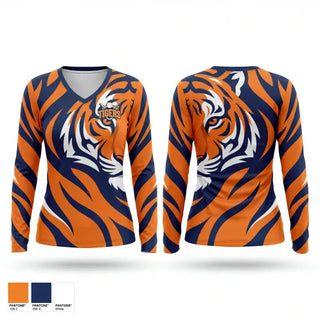 Womens Long Sleeve Vneck Shirt, Malone Tigers, Baseball, Teamtime, Team time, sublimation, custom sports apparel, team uniforms, spirit wear, spiritwear, sports uniforms, custom shirts, team store, custom team store, fundraiser sports, apparel fundraiser