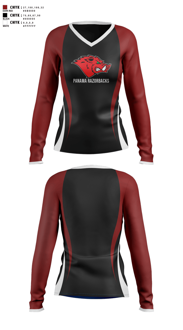 Womens Long Sleeve Vneck Shirt, Panama Razorbacks, , Teamtime, Team time, sublimation, custom sports apparel, team uniforms, spirit wear, spiritwear, sports uniforms, custom shirts, team store, custom team store, fundraiser sports, apparel fundraiser