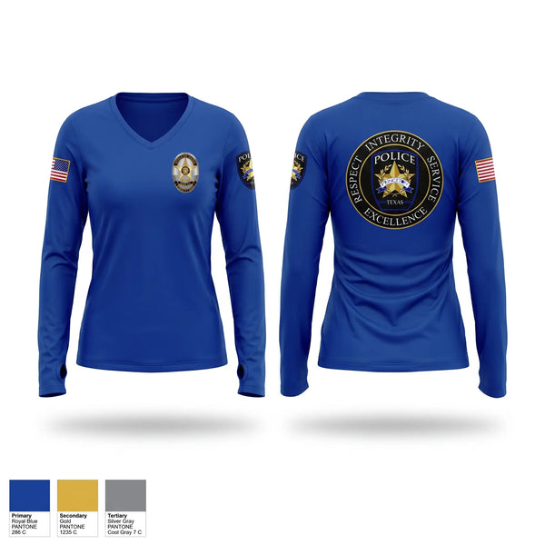 Womens Long Sleeve Vneck Shirt, Princeton Police Department, Police, Teamtime, Team time, sublimation, custom sports apparel, team uniforms, spirit wear, spiritwear, sports uniforms, custom shirts, team store, custom team store, fundraiser sports, apparel fundraiser