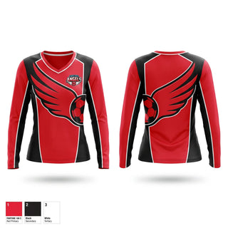 Womens Long Sleeve Vneck Shirt, Lakes Area Angels, Women's Soccer, Teamtime, Team time, sublimation, custom sports apparel, team uniforms, spirit wear, spiritwear, sports uniforms, custom shirts, team store, custom team store, fundraiser sports, apparel fundraiser