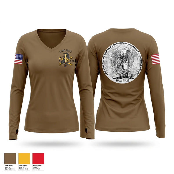 Womens Long Sleeve Vneck Shirt, A BATTERY 2-116th FAR, Army, Teamtime, Team time, sublimation, custom sports apparel, team uniforms, spirit wear, spiritwear, sports uniforms, custom shirts, team store, custom team store, fundraiser sports, apparel fundraiser