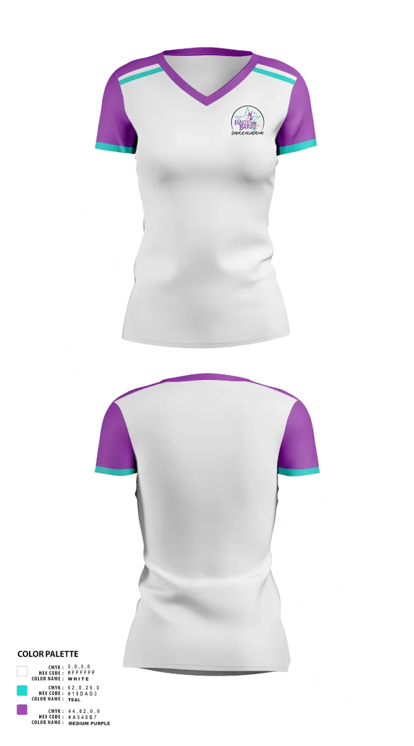 Womens Short Sleeve Vneck Shirt, Raise the Barre Dance Academy, , Teamtime, Team time, sublimation, custom sports apparel, team uniforms, spirit wear, spiritwear, sports uniforms, custom shirts, team store, custom team store, fundraiser sports, apparel fundraiser