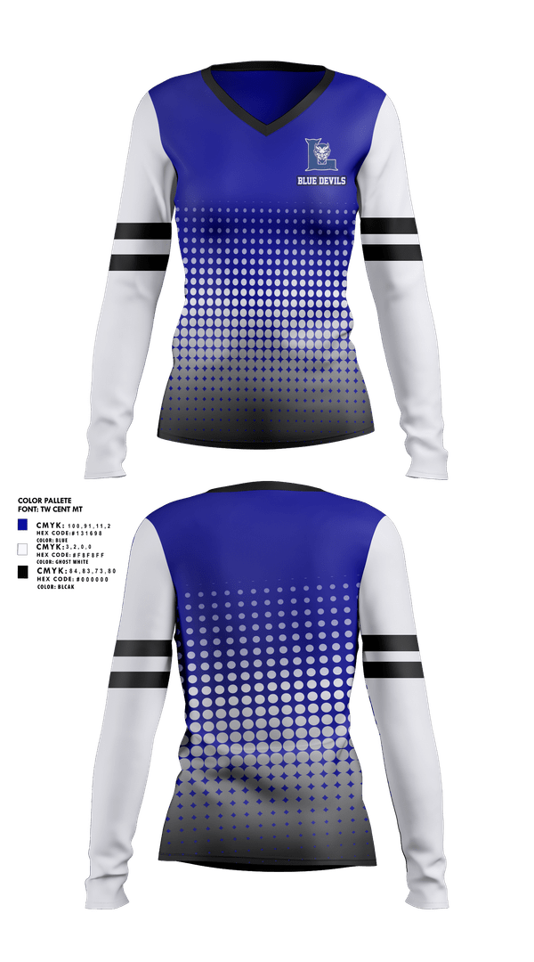 Womens Long Sleeve Vneck Shirt, Blue devils, , Teamtime, Team time, sublimation, custom sports apparel, team uniforms, spirit wear, spiritwear, sports uniforms, custom shirts, team store, custom team store, fundraiser sports, apparel fundraiser