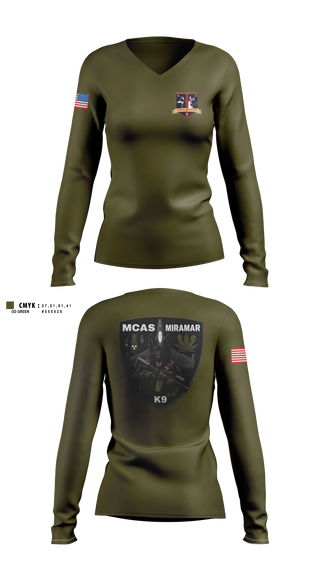 Womens Long Sleeve Vneck Shirt, MCAS Miramar Military Working Dog Section, Marines, Teamtime, Team time, sublimation, custom sports apparel, team uniforms, spirit wear, spiritwear, sports uniforms, custom shirts, team store, custom team store, fundraiser sports, apparel fundraiser