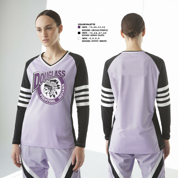 Womens Long Sleeve Vneck Shirt, Douglass Fighting Indians Cheer, Cheer, Teamtime, Team time, sublimation, custom sports apparel, team uniforms, spirit wear, spiritwear, sports uniforms, custom shirts, team store, custom team store, fundraiser sports, apparel fundraiser