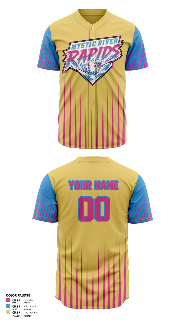 Full Button Baseball Jersey, Mystic River Rapids, Baseball, Teamtime, Team time, sublimation, custom sports apparel, team uniforms, spirit wear, spiritwear, sports uniforms, custom shirts, team store, custom team store, fundraiser sports, apparel fundraiser