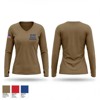 Womens Long Sleeve Vneck Shirt, 1-145 brovo battery, Army, Teamtime, Team time, sublimation, custom sports apparel, team uniforms, spirit wear, spiritwear, sports uniforms, custom shirts, team store, custom team store, fundraiser sports, apparel fundraiser
