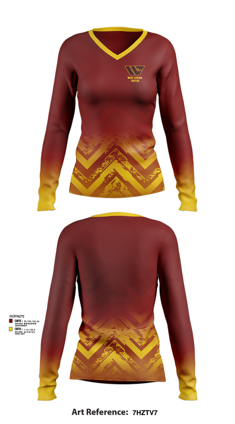 Womens Long Sleeve Vneck Shirt, West Covina Soccer, Women's Soccer, Teamtime, Team time, sublimation, custom sports apparel, team uniforms, spirit wear, spiritwear, sports uniforms, custom shirts, team store, custom team store, fundraiser sports, apparel fundraiser