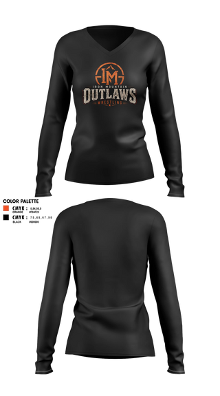 Womens Long Sleeve Vneck Shirt, Iron mountain outlaws, Wrestling, Teamtime, Team time, sublimation, custom sports apparel, team uniforms, spirit wear, spiritwear, sports uniforms, custom shirts, team store, custom team store, fundraiser sports, apparel fundraiser