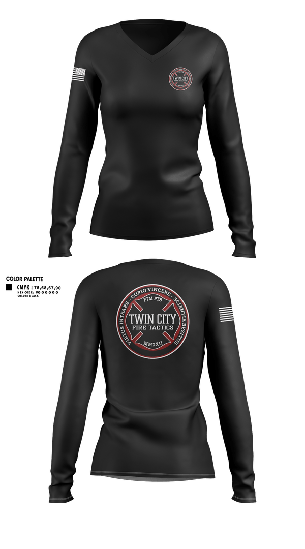 Womens Long Sleeve Vneck Shirt, Twin City Fire Tactics, Fire Department, Teamtime, Team time, sublimation, custom sports apparel, team uniforms, spirit wear, spiritwear, sports uniforms, custom shirts, team store, custom team store, fundraiser sports, apparel fundraiser