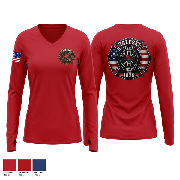 Womens Long Sleeve Vneck Shirt, Zaleski fire department, Fire Department, Teamtime, Team time, sublimation, custom sports apparel, team uniforms, spirit wear, spiritwear, sports uniforms, custom shirts, team store, custom team store, fundraiser sports, apparel fundraiser