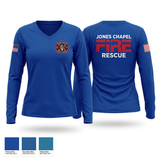 Womens Long Sleeve Vneck Shirt, Jones Chapel Fire and Rescue, Fire Department, Teamtime, Team time, sublimation, custom sports apparel, team uniforms, spirit wear, spiritwear, sports uniforms, custom shirts, team store, custom team store, fundraiser sports, apparel fundraiser