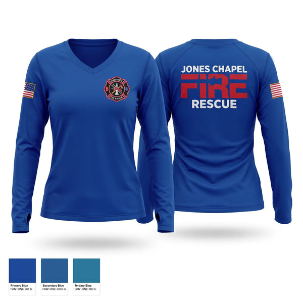 Womens Long Sleeve Vneck Shirt, Jones Chapel Fire and Rescue, Fire Department, Teamtime, Team time, sublimation, custom sports apparel, team uniforms, spirit wear, spiritwear, sports uniforms, custom shirts, team store, custom team store, fundraiser sports, apparel fundraiser