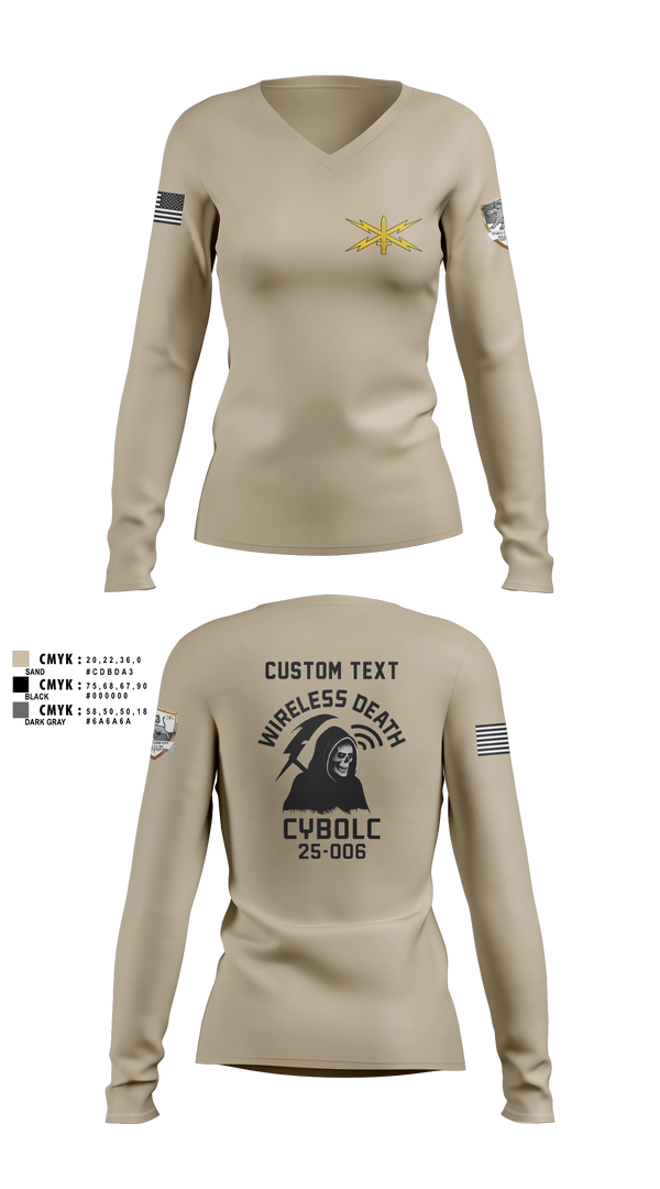 Womens Long Sleeve Vneck Shirt, Bravo Company, 401st Cyber Battalion, Army, Teamtime, Team time, sublimation, custom sports apparel, team uniforms, spirit wear, spiritwear, sports uniforms, custom shirts, team store, custom team store, fundraiser sports, apparel fundraiser