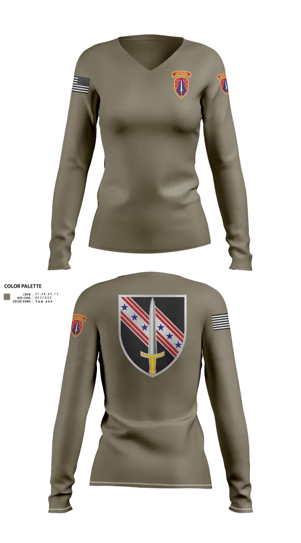 Womens Long Sleeve Vneck Shirt, 6/54th SFAB, National Guard, Teamtime, Team time, sublimation, custom sports apparel, team uniforms, spirit wear, spiritwear, sports uniforms, custom shirts, team store, custom team store, fundraiser sports, apparel fundraiser