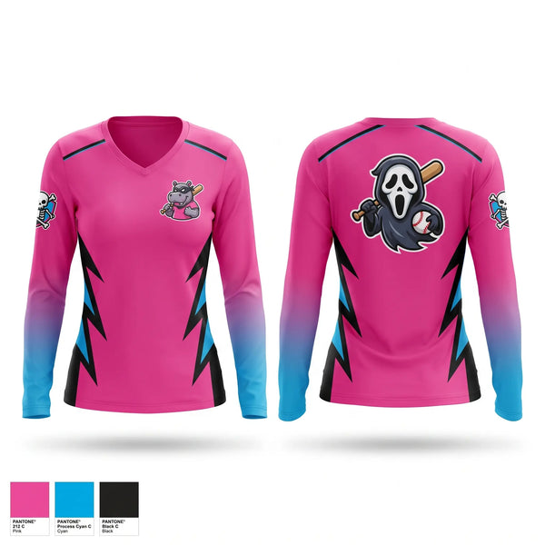 Womens Long Sleeve Vneck Shirt, Halloween hippos, Baseball, Teamtime, Team time, sublimation, custom sports apparel, team uniforms, spirit wear, spiritwear, sports uniforms, custom shirts, team store, custom team store, fundraiser sports, apparel fundraiser