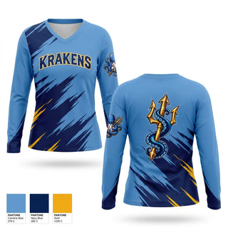 Womens Long Sleeve Vneck Shirt, Krakens, Baseball, Teamtime, Team time, sublimation, custom sports apparel, team uniforms, spirit wear, spiritwear, sports uniforms, custom shirts, team store, custom team store, fundraiser sports, apparel fundraiser