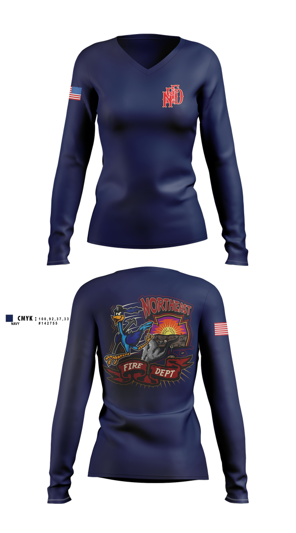 Womens Long Sleeve Vneck Shirt, Northeast Fire Department, Fire Department, Teamtime, Team time, sublimation, custom sports apparel, team uniforms, spirit wear, spiritwear, sports uniforms, custom shirts, team store, custom team store, fundraiser sports, apparel fundraiser