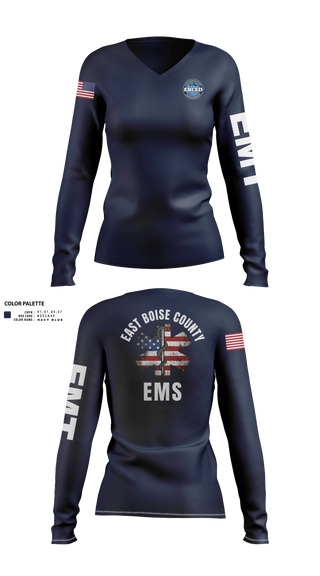 Womens Long Sleeve Vneck Shirt, East Boise county EMS, EMS/EMT, Teamtime, Team time, sublimation, custom sports apparel, team uniforms, spirit wear, spiritwear, sports uniforms, custom shirts, team store, custom team store, fundraiser sports, apparel fundraiser